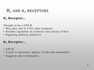 H3 AND H4 RECEPTORS
H3 Receptor…
Thought to be a G P C R
• May play role in C N S (auto receptors)
• Possible regulation of synthesis and release of Hist.
• Signaling pathway unknown
H4 Receptor…
• G P C R
• Found in intestines, spleen, T-cells and neutrophils
• Suggests role in Immunity.
8
 