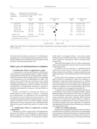 34                                                                        A del Cuvillo, et al



Journal:          Antihistamines for the common cold
Comparison:       01 monotherapy - general evaluation - all trials
Consequence:      01 at short term (1-2 days)
Study                               Treatment            Controls                    Peto disparity ratio                Weighting     Peto disparity ratio
                                       n/N                 n/N                              95%                            (%)               95% CI

        Cowan 1950                   283 / 388            139 / 207                                                        13.9      1.32.[0.91, 1.92]
        Henauer 1988                  11 / 28              21 / 35                                                          2.0      0.44 [0.17, 1.19]
        Howard 1979                   97 / 133            112 / 138                                                         6.0      0.63 [0.36, 1.11]
        Lorriman 1950                306 / 697            286 / 710                                                        42.6      1.16 [0.94, 1.43]
        MRC (Parte II) 1950          301 / 579            334 / 577                                                        35.6      0.79 [0.63, 0.99]

     Total (95 % IC)                  998 /1825        892 / 1667                                                         100.0      0.97 [0.85, 1.12]
     Chi-square heterogeneity test=13.22 gl=4 p=0.0103
     General effect test Z= 0.37 p=0.7

                                                                     -1        2                1              6    10
                                                                          Supports treatment     Supports control

Figure 4. Taken from reference 52. Metaanalysis of the efﬁcacy of antihistamines in alleviating the symptoms of the common cold (general evaluation),
over the short term.




The observed risk of adverse events was 5- to 8-fold greater                              which tends to accompany rhinitis - since many studies
among the active treatment patients than in the placebo series,                           designed to assess antihistamine efﬁcacy in rhinitis included
and this difference proved signiﬁcant for the groups receiving                            some variable for assessing the effect of treatment upon
treatment with decongesting agents [56].                                                  conjunctivitis.
                                                                                              Topical ketotifen applied to the eye is able to signiﬁcantly
                                                                                          reduce ocular itching after conjunctival provocation with the
Other uses of antihistamines in children                                                  causal allergen [59].
                                                                                              Emedastine and levocabastine in ophthalmological
    1. Antihistamine efﬁcacy in application to cough                                      solution have been shown to alleviate the symptoms of
    A metaanalysis reviewing antihistamine effectiveness                                  allergic conjunctivitis in children - symptoms reduction being
in the treatment of prolonged nonspeciﬁc cough in children                                signiﬁcantly greater with emedastine than with levocabastine
concluded that on the basis of the existing scientiﬁc evidence,                           [60].
empirical treatment with these drugs cannot be recommended                                    A study made with azelastine in eyedrops showed this
- in contraposition to the recommendations in adults. The                                 topical solution to signiﬁcantly reduce the symptoms of
analysis also stressed that the systematic review posed                                   nonspeciﬁc conjunctival hyper-responsiveness in children
important limitations, since only three studies with marked                               with allergy to dust mites who presented this syndrome [61].
methodological differences could be included. It was thus                                 Likewise, azelastine was seen in another study to signiﬁcantly
concluded that if antihistamine treatment is decided, it                                  reduce the symptoms scores in small children with seasonal
should be discontinued if no response is elicited within two                              allergic conjunctivitis, compared with placebo [62].
weeks [57].                                                                                   A study has also been published comparing the efﬁcacy
    Another metaanalysis evaluated the efficacy of                                        of levocabastine versus sodium cromoglycate (both as topical
antihistamines in acute cough in children - concluding                                    ophthalmological formulation) for the control of symptoms
that antihistamines in combination with decongestants                                     of seasonal allergic conjunctivitis when used upon demand
(brompheniramine/phenylpropanolamine and                                                  versus continuous nasal spray treatment. Both treatment
brompheniramine/phenylephrine/propanolamine) was no                                       modalities were found to be equally effective, though the
superior to placebo in the two studies included, and that                                 investigators concluded that for certain symptoms such as
antihistamines alone (clemastine and chlorpheniramine)                                    sneezing, lacrimation and nasal congestion, levocabastine
afforded no greater beneﬁt than placebo in another study                                  was signiﬁcantly better than sodium cromoglycate in reducing
[58].                                                                                     such manifestations [63].
    2. Antihistamine efﬁcacy in application to allergic                                       3. Other uses without indication
conjunctivitis                                                                                Studies have been published that demonstrate the efﬁcacy
    Although few studies unequivocally and independently                                  of antihistamines in relation to indications not contemplated
document the efﬁcacy of antihistamines in application to                                  in the Summary of Product Characteristics. Examples include
allergic conjunctivitis, there are sufﬁcient to date to indicate                          loratadine for the prevention of mosquito bite reactions in
that antihistamines are effective in treating this disorder,                              sensitive children [64], the itching of varicella [65], ketotifen



J Investig Allergol Clin Immunol 2007; Vol. 17, Suppl. 2: 28-40                                                                      © 2007 Esmon Publicidad
 