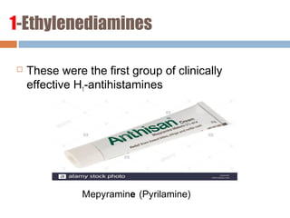 1-Ethylenediamines
 These were the first group of clinically
effective H1-antihistamines
Mepyramine (Pyrilamine)
 