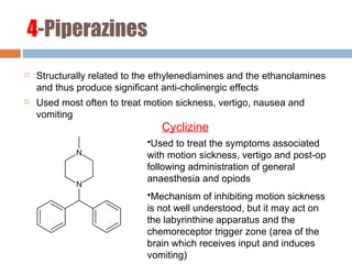 4-Piperazines
 Structurally related to the ethylenediamines and the ethanolamines
and thus produce significant anti-cholinergic effects
 Used most often to treat motion sickness, vertigo, nausea and
vomiting
•Used to treat the symptoms associated
with motion sickness, vertigo and post-op
following administration of general
anaesthesia and opiods
•Mechanism of inhibiting motion sickness
is not well understood, but it may act on
the labyrinthine apparatus and the
chemoreceptor trigger zone (area of the
brain which receives input and induces
vomiting)
Cyclizine
 