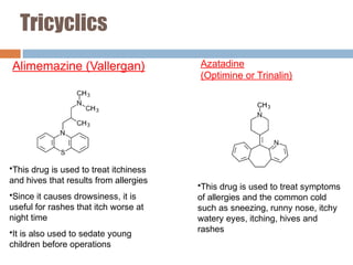 Tricyclics
Alimemazine (Vallergan) Azatadine
(Optimine or Trinalin)
•This drug is used to treat itchiness
and hives that results from allergies
•Since it causes drowsiness, it is
useful for rashes that itch worse at
night time
•It is also used to sedate young
children before operations
•This drug is used to treat symptoms
of allergies and the common cold
such as sneezing, runny nose, itchy
watery eyes, itching, hives and
rashes
 
