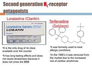 Second generation H1-receptor
antagonists
Loratadine (Claritin)
Terfenadine
(Seldane)
•It is the only drug of its class
available over the counter
•It has long lasting effects and does
not cause drowsiness because it
does not cross the BBB
•It was formerly used to treat
allergic conditions
•In the 1990’s it was removed from
the market due to the increased
risk of cardiac arrythmias
 