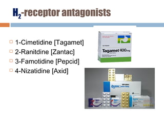 H2-receptor antagonists
 1-Cimetidine [Tagamet]
 2-Ranitdine [Zantac]
 3-Famotidine [Pepcid]
 4-Nizatidine [Axid]
 