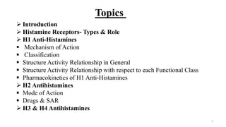 Topics
 Introduction
 Histamine Receptors- Types & Role
 H1 Anti-Histamines
 Mechanism of Action
 Classification
 Structure Activity Relationship in General
 Structure Activity Relationship with respect to each Functional Class
 Pharmacokinetics of H1 Anti-Histamines
 H2 Antihistamines
 Mode of Action
 Drugs & SAR
 H3 & H4 Antihistamines
2
 