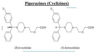 22
Piperazines (Cyclizines)
Hydroxyzine is 1st generation drug
Cetrizine (2nd Gen) is its metabolite
Relatively more polar
Donot cross BBB
More potent antihistamine as compared to others
Levocetrizine : levo-isomer of Cetrizine more active
 