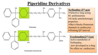 24
Piperidine Derivatives
Terfinadine (2nd gen)
Selective long acting
H1 antihistamine
It lacks anticholenergic
properties
But it blocks Potassium
channels in cardiocytes
Prolong QT interval
Fexofenadine(2nd Gen)
Active metabolite of
Terfinadine,
now developed as a drug
No effect on cardiocytes
 
