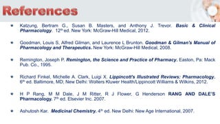 Katzung, Bertram G., Susan B. Masters, and Anthony J. Trevor. Basic & Clinical
Pharmacology. 12th ed. New York: McGraw-Hill Medical, 2012.
Goodman, Louis S, Alfred Gilman, and Laurence L Brunton. Goodman & Gilman's Manual of
Pharmacology and Therapeutics. New York: McGraw-Hill Medical, 2008.
Remington, Joseph P. Remington, the Science and Practice of Pharmacy. Easton, Pa: Mack
Pub. Co., 1995.
Richard Finkel, Michelle A. Clark, Luigi X. Lippincott's Illustrated Reviews: Pharmacology.
6th ed. Baltimore, MD; New Delhi: Wolters Kluwer Health/Lippincott Williams & Wilkins, 2012.
H P Rang, M M Dale, J M Ritter, R J Flower, G Henderson RANG AND DALE’S
Pharmacology. 7th ed. Elsevier Inc. 2007.
Ashutosh Kar. Medicinal Chemistry. 4th ed. New Delhi: New Age International, 2007.
 