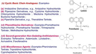 (v) Cyclic Basic Chain Analogues: Examples-
(a) Imidazoline Derivatives, e.g., Antazoline Hydrochloride
(b) Piperazine Derivatives, e.g., Cyclizine Hydrochloride ;
Chlorcyclizine Hydrochloride ; Meclizine Hydrochloride ;
Buclizine Hydrochloride ;
(c) Piperidine Derivativs, e.g., Thenalidine Tartrate.
(vi) Phenothiazine Derivatives: Examples-Promethazine
Hydrochoride ; Promethazine Teoclate ; Trimeprazine
Tartrate ; Methdilazine Hydrochloride.
(vii) Second-generation Non-Sedating Antihistamines:
Examples: Terfenadine ; Astemizole ; Loratadine ;
Acrivastine ;Fexofenadine
(viii) Miscellaneous Agents: Examples-Phenindamine
Tartrate; Triprolidine Hydrochloride;
Cyproheptadine Hydrochloride.
 