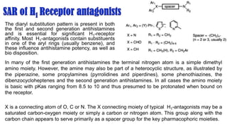 The diaryl substitution pattern is present in both
the first and second generation antihistamines
and is essential for significant H1-receptor
affinity. Most H1-antagonists contain substituents
in one of the aryl rings (usually benzene), and
these influence antihistamine potency, as well as
bio disposition.
In many of the first generation antihistamines the terminal nitrogen atom is a simple dimethyl
amino moiety. However, the amine may also be part of a heterocyclic structure, as illustrated by
the piperazine, some propylamines (pyrrolidines and piperdines), some phenothiazines, the
dibenzocycloheptenes and the second generation antihistamines. In all cases the amino moiety
is basic with pKas ranging from 8.5 to 10 and thus presumed to be protonated when bound on
the receptor.
X is a connecting atom of O, C or N. The X connecting moiety of typical H1-antagonists may be a
saturated carbon-oxygen moiety or simply a carbon or nitrogen atom. This group along with the
carbon chain appears to serve primarily as a spacer group for the key pharmacophoric moieties.
 