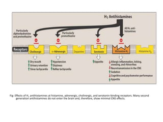 Fig: Effects of H1 antihistamines at histamine, adrenergic, cholinergic, and serotonin-binding receptors. Many second
generation antihistamines do not enter the brain and, therefore, show minimal CNS effects.
 