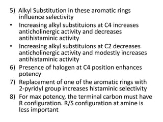 5) Alkyl Substitution in these aromatic rings
influence selectivity
• Increasing alkyl substituions at C4 increases
anticholinergic activity and decreases
antihistaminic activity
• Increasing alkyl substituions at C2 decreases
anticholinergic activity and modestly increases
antihistaminic activity
6) Presence of halogen at C4 position enhances
potency
7) Replacement of one of the aromatic rings with
2-pyridyl group increases histaminic selectivity
8) For max potency, the terminal carbon must have
R configuration. R/S configuration at amine is
less important
 
