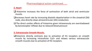 Pharmacological action continued…….
2. Heart:
 Histamine increases the force of contraction of both atrial and ventricular
muscle.
Increases heart rate by increasing diastolic depolarization in the sinoatrial (SA)
node, also directly slows atrioventricular (AV) conduction.
 The direct cardiac effects of histamine given intravenously are overshadowed
by baroreceptor reflexes due to reduced blood pressure
3. Extravascular Smooth Muscle.
Histamine directly contracts due to activation of H1 receptors on smooth
muscle by increasing intracellular Ca2+ and relaxes various extravascular
smooth muscles due to activation of H2 receptors.
 