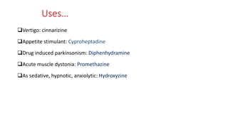 Uses…
Vertigo: cinnarizine
Appetite stimulant: Cyproheptadine
Drug induced parkinsonism: Diphenhydramine
Acute muscle dystonia: Promethazine
As sedative, hypnotic, anxiolytic: Hydroxyzine
 