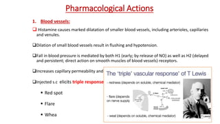 Pharmacological Actions
1. Blood vessels:
 Histamine causes marked dilatation of smaller blood vessels, including arterioles, capillaries
and venules.
Dilation of small blood vessels result in flushing and hypotension.
Fall in blood pressure is mediated by both H1 (early; by release of NO) as well as H2 (delayed
and persistent; direct action on smooth muscles of blood vessels) receptors.
Increases capillary permeability and result in edema through stimulation of H1 receptors
Injected s.c elicits triple response
 Red spot
 Flare
 Whea
 