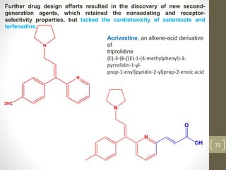 33
Further drug design efforts resulted in the discovery of new second-
generation agents, which retained the nonsedating and receptor-
selectivity properties, but lacked the cardiotoxicity of astemizole and
terfenadine.
Acrivastine, an alkene-acid derivative
of
triprolidine
(E)-3-{6-[(E)-1-(4-methylphenyl)-3-
pyrrolidin-1-yl-
prop-1-enyl]pyridin-2-yl}prop-2-enoic acid
 
