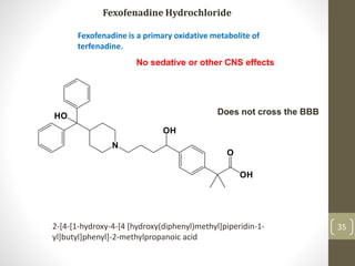 35
Fexofenadine Hydrochloride
2-[4-[1-hydroxy-4-[4 [hydroxy(diphenyl)methyl]piperidin-1-
yl]butyl]phenyl]-2-methylpropanoic acid
Fexofenadine is a primary oxidative metabolite of
terfenadine.
No sedative or other CNS effects
Does not cross the BBB
 