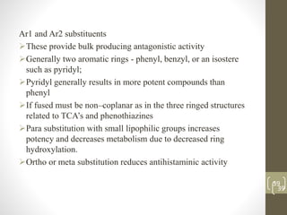 39
Ar1 and Ar2 substituents
These provide bulk producing antagonistic activity
Generally two aromatic rings - phenyl, benzyl, or an isostere
such as pyridyl;
Pyridyl generally results in more potent compounds than
phenyl
If fused must be non–coplanar as in the three ringed structures
related to TCA’s and phenothiazines
Para substitution with small lipophilic groups increases
potency and decreases metabolism due to decreased ring
hydroxylation.
Ortho or meta substitution reduces antihistaminic activity
39
 