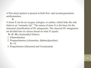 40
This diaryl pattern is present in both first- and second-generation
antihistamines.
X
Atom X can be an oxygen, nitrogen, or carbon, which links the side
chain to an “aromatic tail.” The nature of atom X is the basis for the
structural classification of H1 antagonists. The classical H1 antagonists
are divided into six classes based on what X equals:
X =C–O: (Aminoalkyl Ethers)
1. Ethanolamines
2. Propanolamines (clemastine, diphenylpyraline)
X = C
3. Propylamines (Saturated and Unsaturated)
 