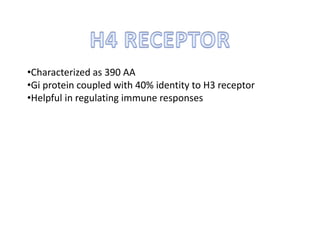 •Characterized as 390 AA
•Gi protein coupled with 40% identity to H3 receptor
•Helpful in regulating immune responses
 