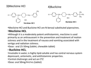 3)Meclizine HCl
•Meclizine HCl and Buclizine HCl are N-benzyl substituted piperazines.
•Meclizine HCL
•Although it is a moderately potent antihistaminic, meclizine is used
primarily as an antinauseant in the prevention and treatment of motion
sickness and in the treatment of nausea and vomiting associated with
vertigo and radiation sickness.
•Dose : oral 25-50mg (tablet, chewable tablet)
• Buclizine HCL,
•Insoluble in water, is highly lipid-soluble and has central nervous system
depressant, antiemetic, and antihistaminic properties.
•Central cholinergic and act on CTZ
•Dose: oral 50mg/4-6 hrs (tablet)
4)Buclizine
 