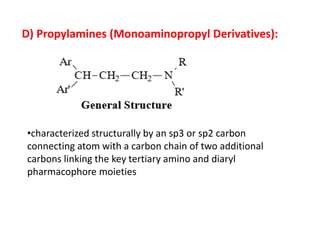 D) Propylamines (Monoaminopropyl Derivatives):
•characterized structurally by an sp3 or sp2 carbon
connecting atom with a carbon chain of two additional
carbons linking the key tertiary amino and diaryl
pharmacophore moieties
 