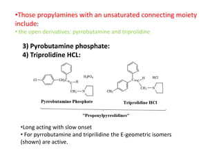 •Those propylamines with an unsaturated connecting moiety
include:
• the open derivatives: pyrrobutamine and triprolidine
•Long acting with slow onset
• For pyrrobutamine and triprilidine the E-geometric isomers
(shown) are active.
3) Pyrobutamine phosphate:
4) Triprolidine HCL:
 