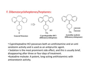 F. Dibenzocycloheptenes/heptanes:
• Cyproheptadine HCl possesses both an antihistamine and an anti
serotonin activity and is used as an antipruritic agent.
• Sedation is the most prominent side effect, and this is usually brief,
disappearing after three or four days of treatment.
•Azatadine maleate: A potent, long-acting antihistaminic with
antiserotonin activity.
 
