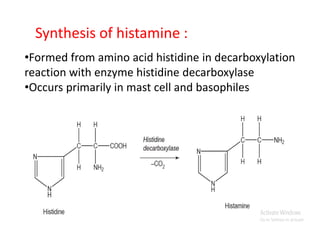 Synthesis of histamine :
•Formed from amino acid histidine in decarboxylation
reaction with enzyme histidine decarboxylase
•Occurs primarily in mast cell and basophiles
 