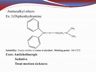 Aminoalkyl ethers
Ex: 1) Diphenhydramine
Solubility: Freely soluble in water &alcohol ; Melting point: 168-172°C
Uses: Anticholinergic
Sedative
Treat motion sickness
 