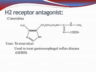 H2 receptorantagonist:
Cimetidine
Uses: To treat ulcer
Used to treat gastroesophagel reflux disease
(GERD)
 