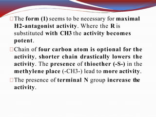 The form (1) seems to be necessary for maximal
H2-antagonist activity. Where the R is
substituted with CH3 the activity becomes
potent.
Chain of four carbon atom is optional for the
activity, shorter chain drastically lowers the
activity. The presence of thioether (-S-) in the
methylene place (-CH3-) lead to more activity.
The presence of terminal N group increase the
activity.
 
