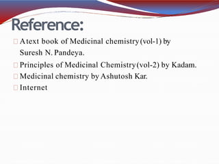 Reference:
Atext book of Medicinal chemistry(vol-1) by
Suresh N. Pandeya.
Principles of Medicinal Chemistry(vol-2) by Kadam.
Medicinal chemistry by Ashutosh Kar.
Internet
 