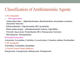 Classification ofAntihistaminicAgents
1. H1 Antagonist
a) First generation
• Amino-alkyl ether – diphenhydramine, dimenhydrinate, doxylamine succinate,
clemastine fumarate
• Ethylenediamine- Tripelennamine HCl, pyrilamine
• Mono-amino propyl – chlorpheniramine maleate, triprolidine
• Tricyclic ring system- Promethazine HCl, Trimeprazine Tartarate
• Miscellaneous- Phenindamine
b) Second Generation
Astemizole, Loratadine, Cetirizine, Levocetrazine, Cromolyn sodium, fexofenadine
2. H2 Antagonist
Cimetidine, Famotidine, Ranitidine
3. Gastric Proton Pump Inhibitors
Omeprazole, Lansoprazole, Rabeprazole, Pantoprazole
 