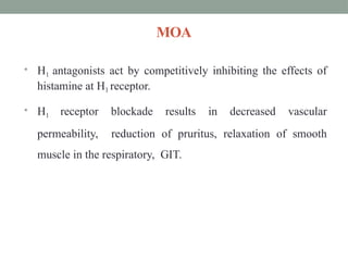 MOA
• H1 antagonists act by competitively inhibiting the effects of
histamine at H1 receptor.
• H1 receptor blockade results in decreased vascular
permeability, reduction of pruritus, relaxation of smooth
muscle in the respiratory, GIT.
 
