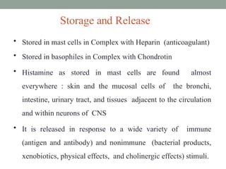 Storage and Release
• Stored in mast cells in Complex with Heparin (anticoagulant)
• Stored in basophiles in Complex with Chondrotin
• Histamine as stored in mast cells are found almost
everywhere : skin and the mucosal cells of the bronchi,
intestine, urinary tract, and tissues adjacent to the circulation
and within neurons of CNS
• It is released in response to a wide variety of immune
(antigen and antibody) and nonimmune (bacterial products,
xenobiotics, physical effects, and cholinergic effects) stimuli.
 