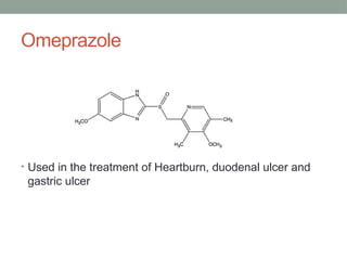 Omeprazole
• Used in the treatment of Heartburn, duodenal ulcer and
gastric ulcer
 