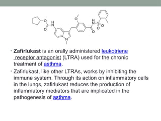 • Zafirlukast is an orally administered leukotriene
receptor antagonist (LTRA) used for the chronic
treatment of asthma.
• Zafirlukast, like other LTRAs, works by inhibiting the
immune system. Through its action on inflammatory cells
in the lungs, zafirlukast reduces the production of
inflammatory mediators that are implicated in the
pathogenesis of asthma.
 