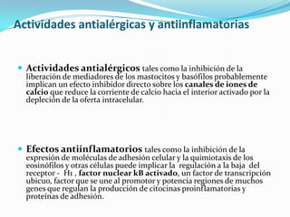 Actividades antialérgicas y antiinflamatorias


 Actividades antialérgicos tales como la inhibición de la
  liberación de mediadores de los mastocitos y basófilos probablemente
  implican un efecto inhibidor directo sobre los canales de iones de
  calcio que reduce la corriente de calcio hacia el interior activado por la
  depleción de la oferta intracelular.




 Efectos antiinflamatorios tales como la inhibición de la
  expresión de moléculas de adhesión celular y la quimiotaxis de los
  eosinófilos y otras células puede implicar la regulación a la baja del
  receptor - H1 , factor nuclear kB activado, un factor de transcripción
  ubicuo, factor que se une al promotor y potencia regiones de muchos
  genes que regulan la producción de citocinas proinflamatorias y
  proteínas de adhesión.
 