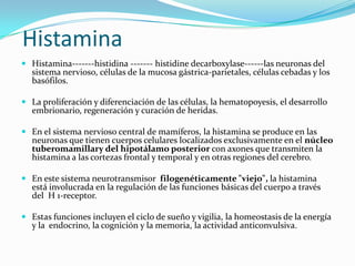Histamina
 Histamina-------histidina ------- histidine decarboxylase------las neuronas del
  sistema nervioso, células de la mucosa gástrica-parietales, células cebadas y los
  basófilos.

 La proliferación y diferenciación de las células, la hematopoyesis, el desarrollo
  embrionario, regeneración y curación de heridas.

 En el sistema nervioso central de mamíferos, la histamina se produce en las
  neuronas que tienen cuerpos celulares localizados exclusivamente en el núcleo
  tuberomamillary del hipotálamo posterior con axones que transmiten la
  histamina a las cortezas frontal y temporal y en otras regiones del cerebro.

 En este sistema neurotransmisor filogenéticamente "viejo", la histamina
  está involucrada en la regulación de las funciones básicas del cuerpo a través
  del H 1-receptor.

 Estas funciones incluyen el ciclo de sueño y vigilia, la homeostasis de la energía
  y la endocrino, la cognición y la memoria, la actividad anticonvulsiva.
 