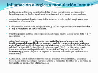 Inflamación alérgica y modulación inmune
 La histamina se libera de los gránulos de las células (por ejemplo, los mastocitos y
  basófilos y otros mediadores preformados, así como leucotrienos, prostaglandinas.

 Aunque la mayoría de los efectos de la histamina en la enfermedad alérgica ocurren a
  través de receptores de H 1

 La hipotensión, taquicardia, enrojecimiento, y cefalea se producen tanto a través de los H
  1 - H y 2-receptores en la vasculatura.

 Mientras picazón cutánea y la congestión nasal puede ocurrir tanto a través de la H 1 - y
  receptores H3-.

 A través del receptor H1 , la histamina tiene actividad proinflamatoria y está
  implicado en el desarrollo de varios aspectos de la respuesta inmune antígeno
  específico (maduración de las células dendríticas y la modulación del balance de las
  células T de tipo 1 (Th1) y las células T helper de tipo 2 (Th2) . La histamina puede
  inducir un aumento en la proliferación de las células Th1 y en la producción de
  interferón g y puede bloquear las respuestas inmunes humorales por medio de este
  mecanismo).

 La histamina también induce la liberación de citocinas proinflamatorias y enzimas
  lisosomales de los macrófagos humanos y tiene la capacidad de influir en la actividad de
  los basófilos, eosinófilos y fibroblastos.
 