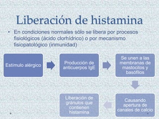 Liberación de histamina
Estímulo alérgico
Producción de
anticuerpos IgE
Se unen a las
membranas de
mastocitos y
basófilos
Causando
apertura de
canales de calcio
Liberación de
gránulos que
contienen
histamina
• En condiciones normales sólo se libera por procesos
fisiológicos (ácido clorhídrico) o por mecanismo
fisiopatológico (inmunidad)
 