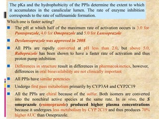  The pH at which half of the maximum rate of activation occurs is 3.0 for
Pantoprazole, 4.0 for Omeprazole and 5.0 for Lansoprazole
 Dexlansoprazole was approved in 2008
 All PPIs are rapidly converted at pH less than 2.0, but above 5.0,
Rabeprazole has been shown to have a faster rate of activation and thus
proton pump inhibition
 Differences in structure result in differences in pharmacokinetics, however,
differences in oral bioavailability are not clinically important
 All PPIs have similar potencies
 Undergo first pass metabolism primarily by CYP3A4 and CYP2C19
 All the PPIs are chiral because of the sulfur. Both isomers are converted
into the nonchiral active species at the same rate. In in vivo, the S
omeprazole (esomeprazole) produced higher plasma concentrations
because it undergoes less metabolism by CYP 2C19 and thus produces 70%
higherAUC than Omeprazole.
The pKa and the hydrophobicity of the PPIs determine the extent to which
it accumulates in the canalicular lumen. The rate of enzyme inhibition
corresponds to the rate of sulfenamide formation.
Which one is faster acting?
95
 