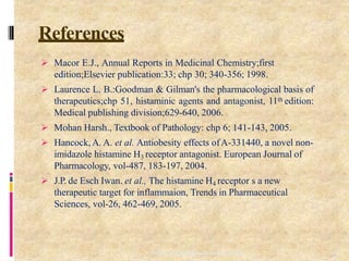 References
10
7
Department of PharmaceuticalChemistry
 Macor E.J., Annual Reports in Medicinal Chemistry;first
edition;Elsevier publication:33; chp 30; 340-356; 1998.
 Laurence L. B.:Goodman & Gilman's the pharmacological basis of
therapeutics;chp 51, histaminic agents and antagonist, 11th edition:
Medical publishing division;629-640, 2006.
 Mohan Harsh., Textbook of Pathology: chp 6; 141-143, 2005.
 Hancock,A. A. et al. Antiobesity effects ofA-331440, a novel non-
imidazole histamine H3 receptor antagonist. European Journal of
Pharmacology, vol-487, 183-197, 2004.
 J.P. de Esch Iwan. et al., The histamine H4 receptor s a new
therapeutic target for inflammaion, Trends in Pharmaceutical
Sciences, vol-26, 462-469, 2005.
 