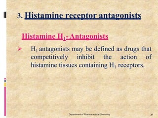 3. Histamine receptor antagonists
30
Department of PharmaceuticalChemistry
Histamine H1-Antagonists
 H1 antagonists may be defined as drugs that
competitively inhibit the action of
histamine tissues containing H1 receptors.
 