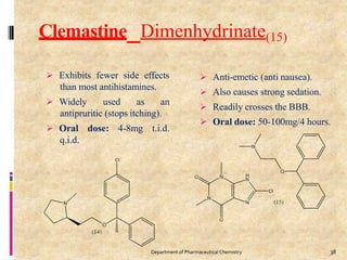 Clemastine Dimenhydrinate(15)
 Exhibits fewer side effects
than most antihistamines.
 Widely used as an
antipruritic (stops itching).
 Oral dose: 4-8mg t.i.d.
q.i.d.
 Anti-emetic (anti nausea).
 Also causes strong sedation.
 Readily crosses the BBB.
 Oral dose: 50-100mg/4 hours.
38
Department of PharmaceuticalChemistry
 