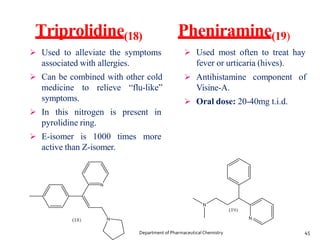 Triprolidine(18)
 Used to alleviate the symptoms
associated with allergies.
 Can be combined with other cold
medicine to relieve “flu-like”
symptoms.
 In this nitrogen is present in
pyrolidine ring.
 E-isomer is 1000 times more
active than Z-isomer.
Pheniramine(19)
 Used most often to treat hay
fever or urticaria (hives).
 Antihistamine component of
Visine-A.
 Oral dose: 20-40mg t.i.d.
45
Department of PharmaceuticalChemistry
 