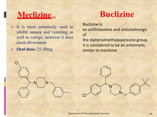 Meclizine(23)
 It is most commonly used to
inhibit nausea and vomiting as
well as vertigo, however it does
cause drowsiness
 Oral dose: 25-50mg
49
Department of PharmaceuticalChemistry
Buclizine
Buclizine is
an antihistamine and anticholinergic
of
the diphenylmethylpiperazine group.
It is considered to be an antiemetic,
similar to meclizine
 