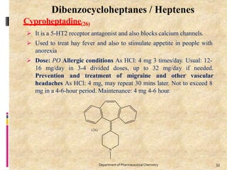 Cyproheptadine(26)
 It is a 5-HT2 receptor antagonist and also blocks calcium channels.
 Used to treat hay fever and also to stimulate appetite in people with
anorexia
 Dose: PO Allergic conditions As HCl: 4 mg 3 times/day. Usual: 12-
16 mg/day in 3-4 divided doses, up to 32 mg/day if
Prevention and treatment of migraine and other
needed.
vascular
headaches As HCl: 4 mg, may repeat 30 mins later. Not to exceed 8
mg in a 4-6-hour period. Maintenance: 4 mg 4-6 hour.
53
Department of PharmaceuticalChemistry
Dibenzocycloheptanes / Heptenes
 