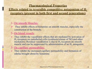 Pharmacological Properties
Effects related to reversible competitive antagonism of H1
receptors (present in both first and second generations)
57
Department of PharmaceuticalChemistry
1- On smooth Muscles:
 They inhibit effects of histamine on smooth muscles, especially the
constriction of the bronchi.
2- On blood vessels:
 They inhibit the vasodilator effects that are mediated by activation of
H1 receptors on endothelial cells (synthesis/release of NO and other
mediators). Residual vasodilation is due to H2 receptors on smooth
muscle and can be suppressed by administration of an H2 antagonist.
3- On capillary permeability:
 They inhibit the increased capillary permeability and formation of
edema brought about by histamine.
 