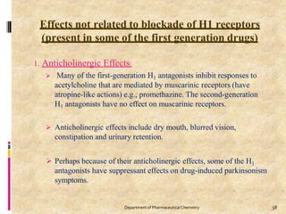 Effects not related to blockade of H1 receptors
(present in some of the first generation drugs)
58
Department of PharmaceuticalChemistry
1. Anticholinergic Effects:
 Many of the first-generation H1 antagonists inhibit responses to
acetylcholine that are mediated by muscarinic receptors (have
atropine-like actions) e.g., promethazine. The second-generation
H1 antagonists have no effect on muscarinic receptors.
 Anticholinergic effects include dry mouth, blurred vision,
constipation and urinary retention.
 Perhaps because of their anticholinergic effects, some of the H1
antagonists have suppressant effects on drug-induced parkinsonism
symptoms.
 